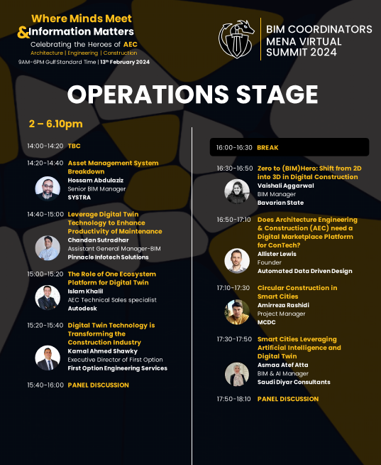 BIMCoordinators's tweet photo. 🎉 We are excited to announce a great line-up of speakers for the Operations Stage at the virtual #MENA #BIMCoordinatorSummit2024 on the 13 Feb. Register here to attend: https://t.co/HonC7wS9I0.

#BIM #BIMheroes #AEC #Architecture #Engineering #Construction #DigitalTransformati https://t.co/eRvLCnq7Yr
