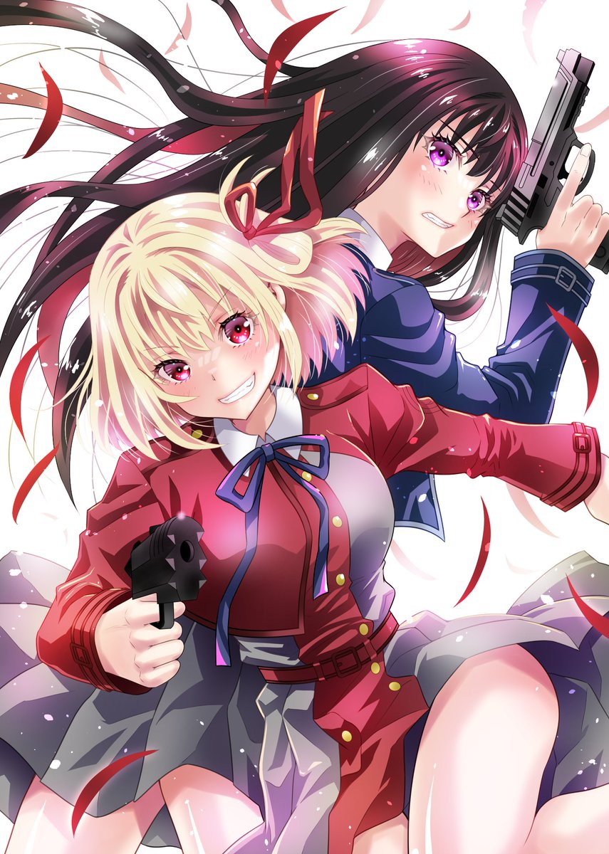 inoue takina ,nishikigi chisato multiple girls lycoris uniform 2girls weapon gun long hair blonde hair  illustration images