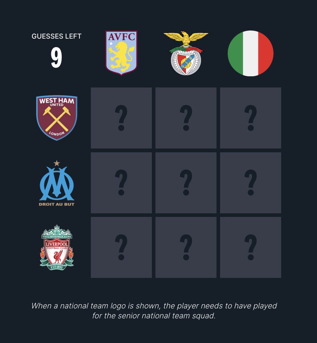 ⚽️ Football Grid #189

Play here: acmomento.com/football-grid                                  

Quote RT or Reply with your scores! #footballgrid