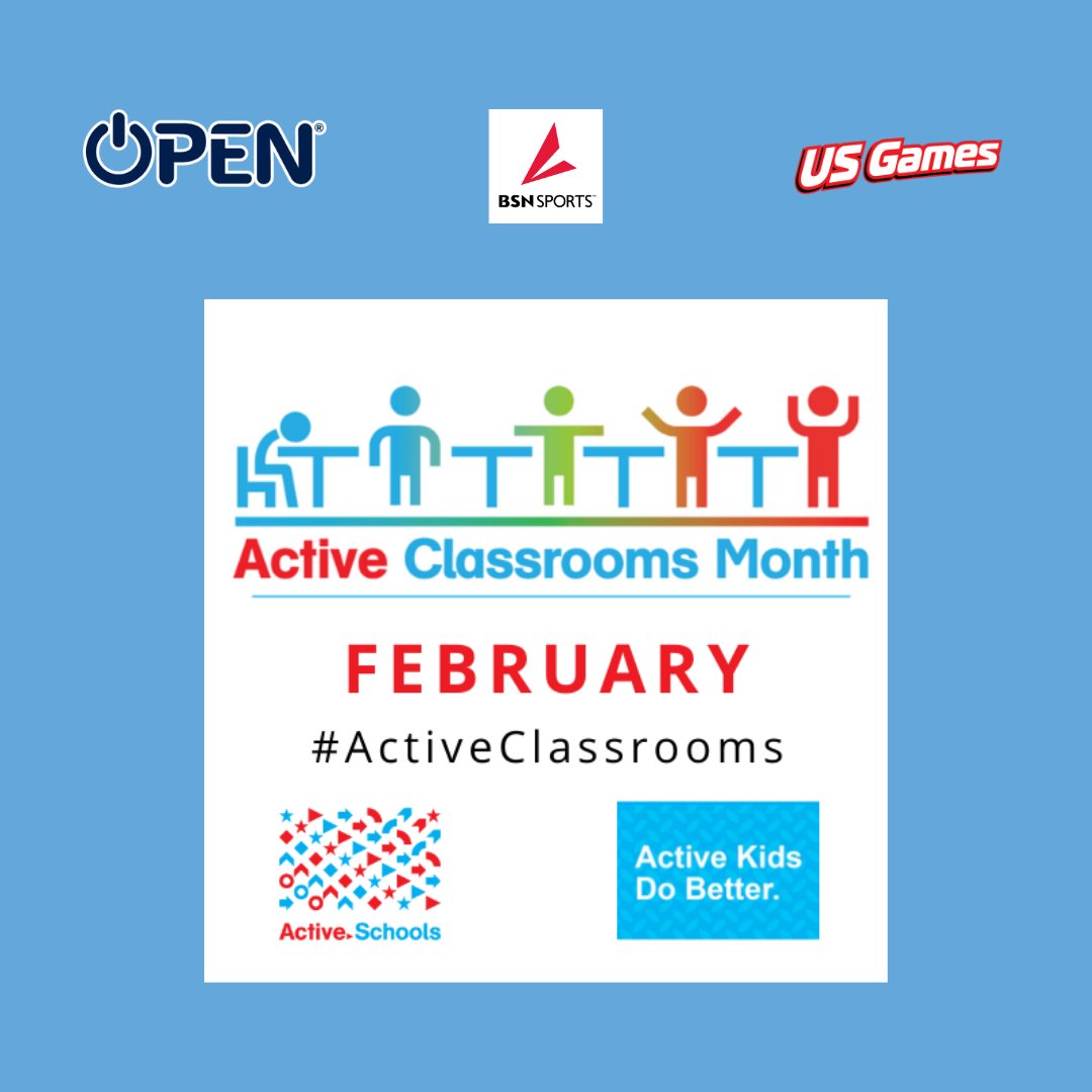 We are thrilled to support @ActiveSchoolsUS for Active Classrooms Month in February! #PhysEd Ts can help classroom Ts by sharing resources to create brain energizers to provide 60+ minutes of activity each day! View our free resources - openphysed.org/activeclassnow