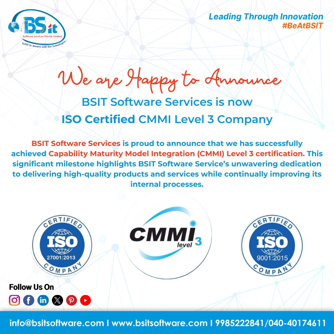 We are #Happy to #Announce #BSIT #SoftwareServices is now #ISO #Certified #CMMI #Level3 #Company

#BSITSoftwareServices #ISOcertification #CMMILevel3 #SoftwareDevelopment #QualityAssurance #BusinessAchievement #DigitalSuccess #QualityStandards #TechExcellence #ISOcertified #CMMI