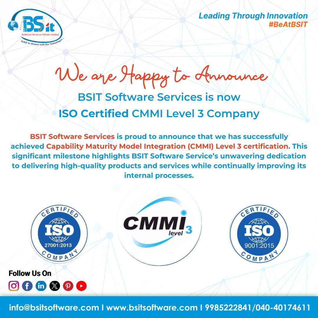 Bhanu_Garigela's tweet photo. We are #Happy to #Announce #BSIT #SoftwareServices is now #ISO #Certified #CMMI #Level3 #Company

#BSITSoftwareServices #ISOcertification #CMMILevel3 #SoftwareDevelopment #QualityAssurance #BusinessAchievement #DigitalSuccess #QualityStandards #TechExcellence #ISOcertified #CMMI https://t.co/asGw96doFj