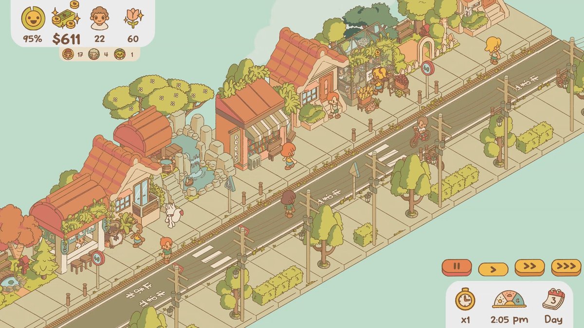 myPotatoGames's tweet photo. Minami Lane is a lovely life sim where you build up a single street in a neighborhood. The goal is to attract inhabitants and keep them happy. Place homes so they have somewhere to live, then place different kinds of shops and entertainment venues to raise their satisfaction. 

A ramen shop will satisfy their food needs, while a boba cafe will help improve their mood! Don't forget the bookstores, hot springs, and parks to further entertain and beautify the street. Play mission mode and complete quests or play in sandbox mode to focus on the creative side of building. Coming to Steam first. 🥰