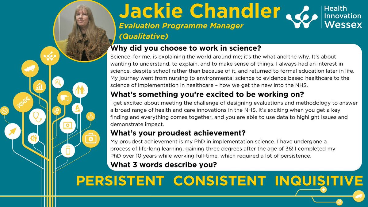 On #WomenInScienceDay, we are celebrating women working with Health Innovation Wessex. 

Jackie Chandler shares her story of change and persistence.  

If you’re a life-long learner, like Jackie, we want to hear from you: healthinnovationwessex.org.uk/innovation-exc…