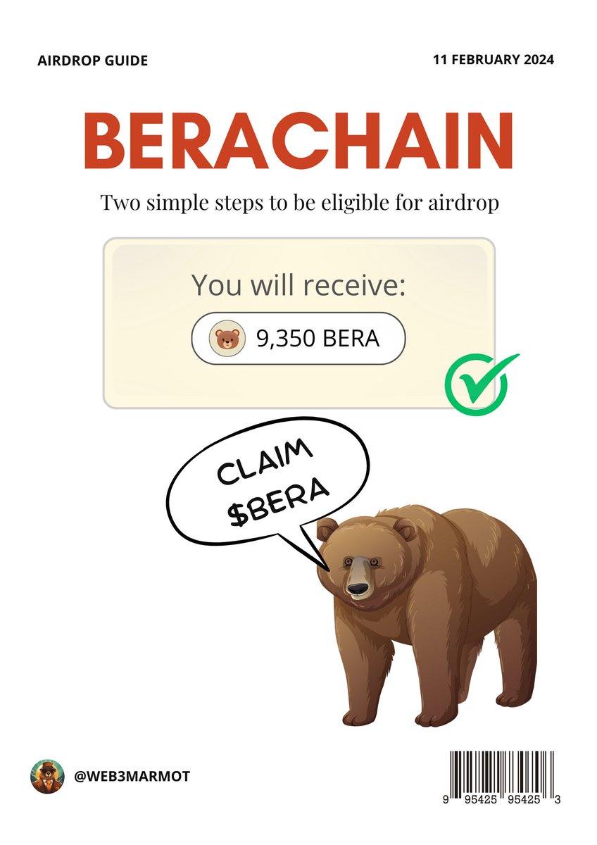BERACHAIN: Airdrop confirmed for March! 🚨

Snapshot not taken.
Two simple steps to be eligible.

Cost: $𝟎 | Time: 10min | Profit: $𝟓,𝟎𝟎𝟎+

Step-by-step guide 🧵
