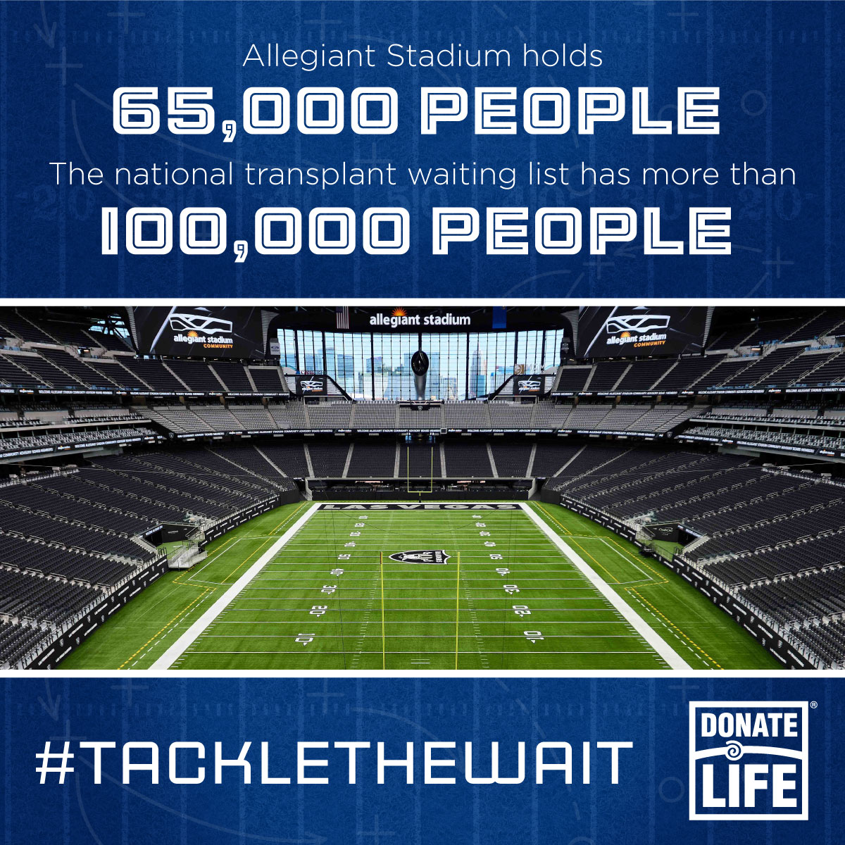NEDonorServices's tweet photo. Each day 17 people pass away waiting for a lifesaving organ transplant. @AllegiantStadm holds 65,000 people. Currently there are over 100,000 Americans on the National Transplant Waiting List. We have the power to #TackletheWait. Register today: https://t.co/n27FNQGH6y https://t.co/7yCXNioUUU