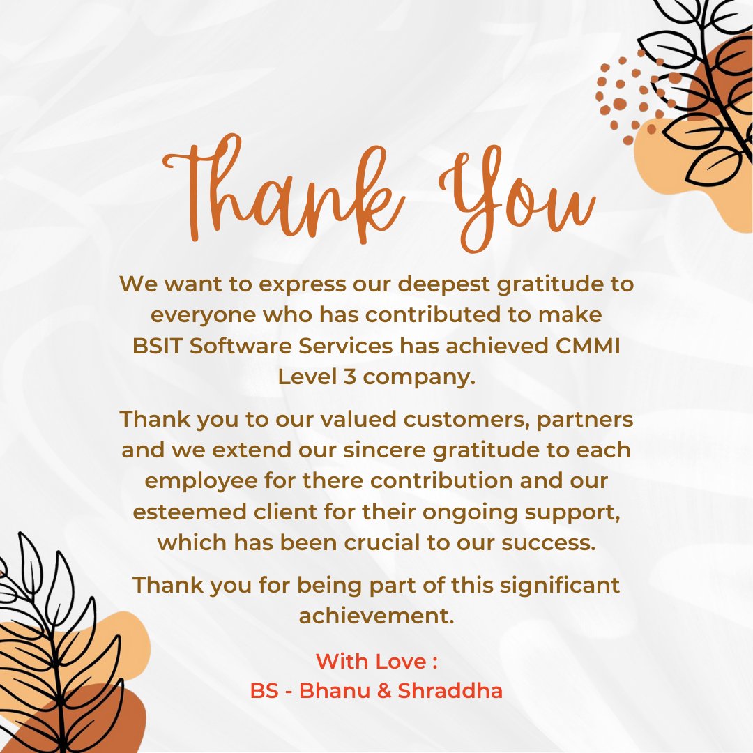 Bhanu_Garigela's tweet photo. Gratitude to all who contributed to BSIT achieving CMMI Level 3.

#bsitsoftware #bsit #BSITGratitude #CMMILevel3 #BSITSoftwareServices #Gratitude #CMMILevel3 #BusinessAchievement #ThankYou #CustomerAppreciation #PartnerGratitude #EmployeeRecognition #ClientSupport https://t.co/tADvpkcYt1