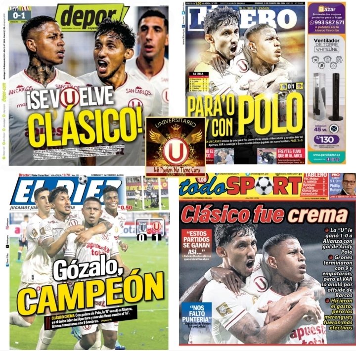 MiPasionNoTCura's tweet photo. 𝑩𝒖𝒆𝒏 𝒅𝒊́𝒂, 𝒄𝒓𝒆𝒎𝒂𝒔!🙌🏻 
Portadas del triⓊnfo 🅤 crema📰💪🏻

⚽Alianza Lima 0-1 Universitario
Gol:Andy Polo

#ClásicoEsGanarte #ALvsU #AlianzaLima #CAGONES #GrandeHayUnoSolo #Los100delÚnicoGrande #JuntosPorLa28 #Liga1TeApuesto #MiPasionNoTieneCura #Universitario #YDaleU https://t.co/jKPeUxDvRa