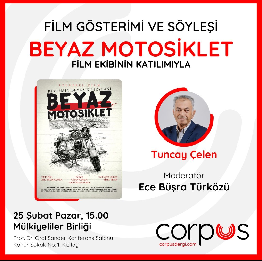 📣Film Gösterimi ve Söyleşi
🎬Beyaz Motosiklet 

✨Bir avuç gencin, motosiklet sırtında Türkiye tarihine yön vermelerinin öyküsü 

📍 Mülkiyeliler Birliği 
📅 25 Şubat Pazar
⏰15.00
🎟️ Ücretsiz