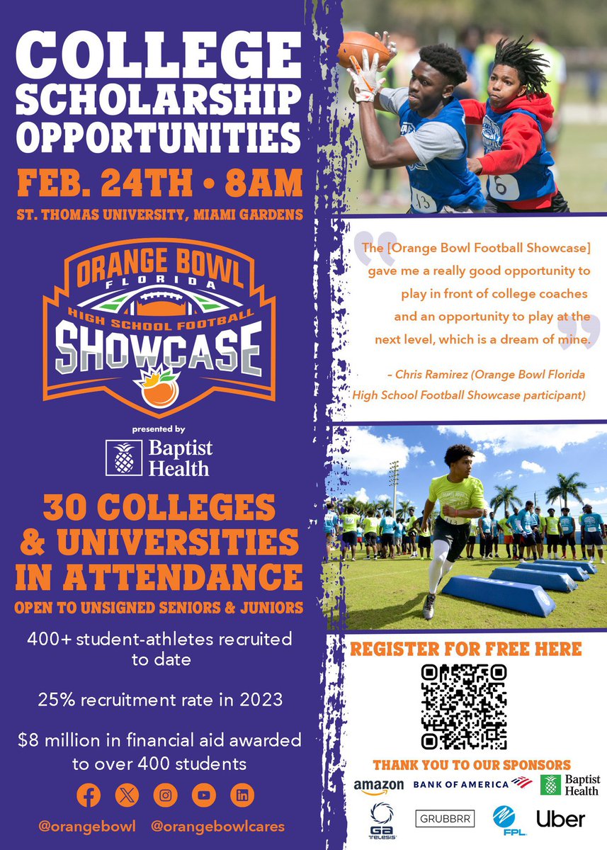GeorgeBarbar's tweet photo. All juniors &amp; seniors need to sign up for the @OrangeBowl FREE Recruiting Showcase‼️ Over 30 college and university coaches will be there to watch. Dont’t miss this opportunity! 🏈 🍊 #OrangeBowl #OrangeBowlCares @OB_Showcase #OBShowcase https://t.co/X34enyXL6m