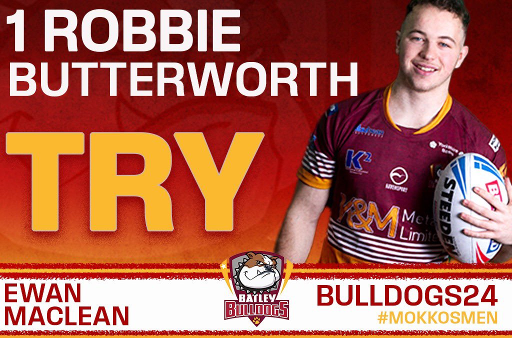 BatleyRLFC's tweet photo. TRY, BATLEY!! Quick hands from the boys, moving the ball out to the right edge. Robbie drives forward and takes the tackle over the line! 

🐶 6
🔵 0

#COYD #UTD 🐶 https://t.co/4V6q1v12dU