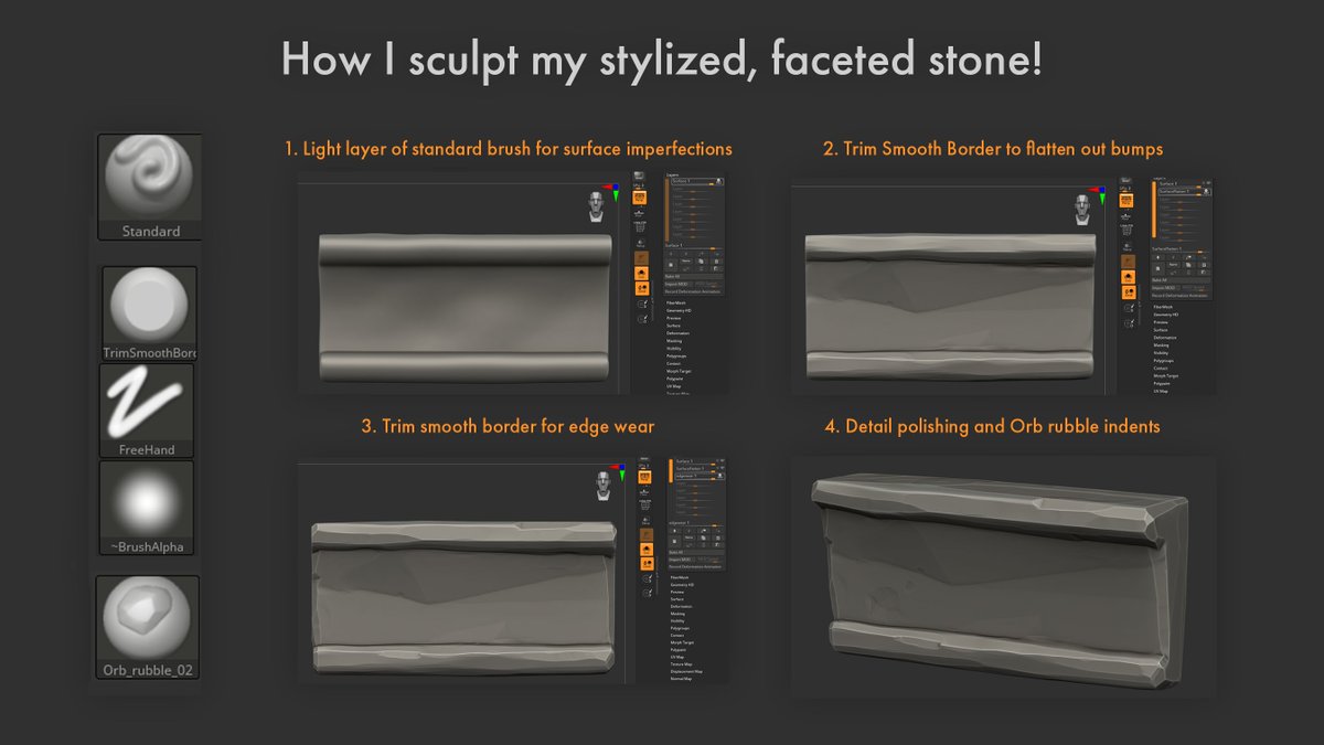 Had a couple people ask about my stone sculpting process, so here's a very quick breakdown!

With this style, I keep the process as simple as possible, using 3 brushes for basically everything. These assets will be re-used a few times, so I try not to add identifiable details!