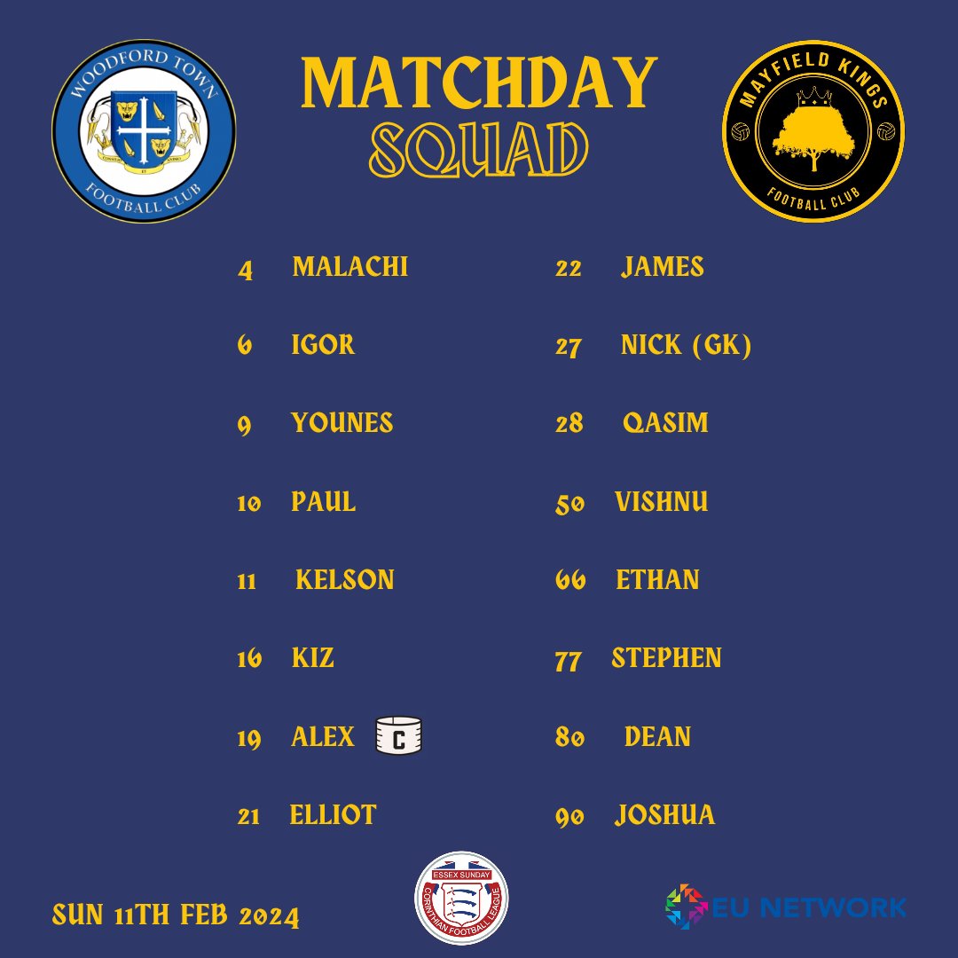 🚨 IT'S MATCH DAY 🚨 

🗓 Sunday 11th February 2024 

🏆 Div 6, @essexcorinthian 

🆚️ Woodford Town SL Reserves 

🏟 Whitbreads Sports Ground, IG8 7NH 

🕥 Kick Off 10:30AM 

Swipe for today's squad! ⚽️ 

👑🌳 

#SundayLeague #MayfieldKingsFC #TheGoldStandard #UpTheKings