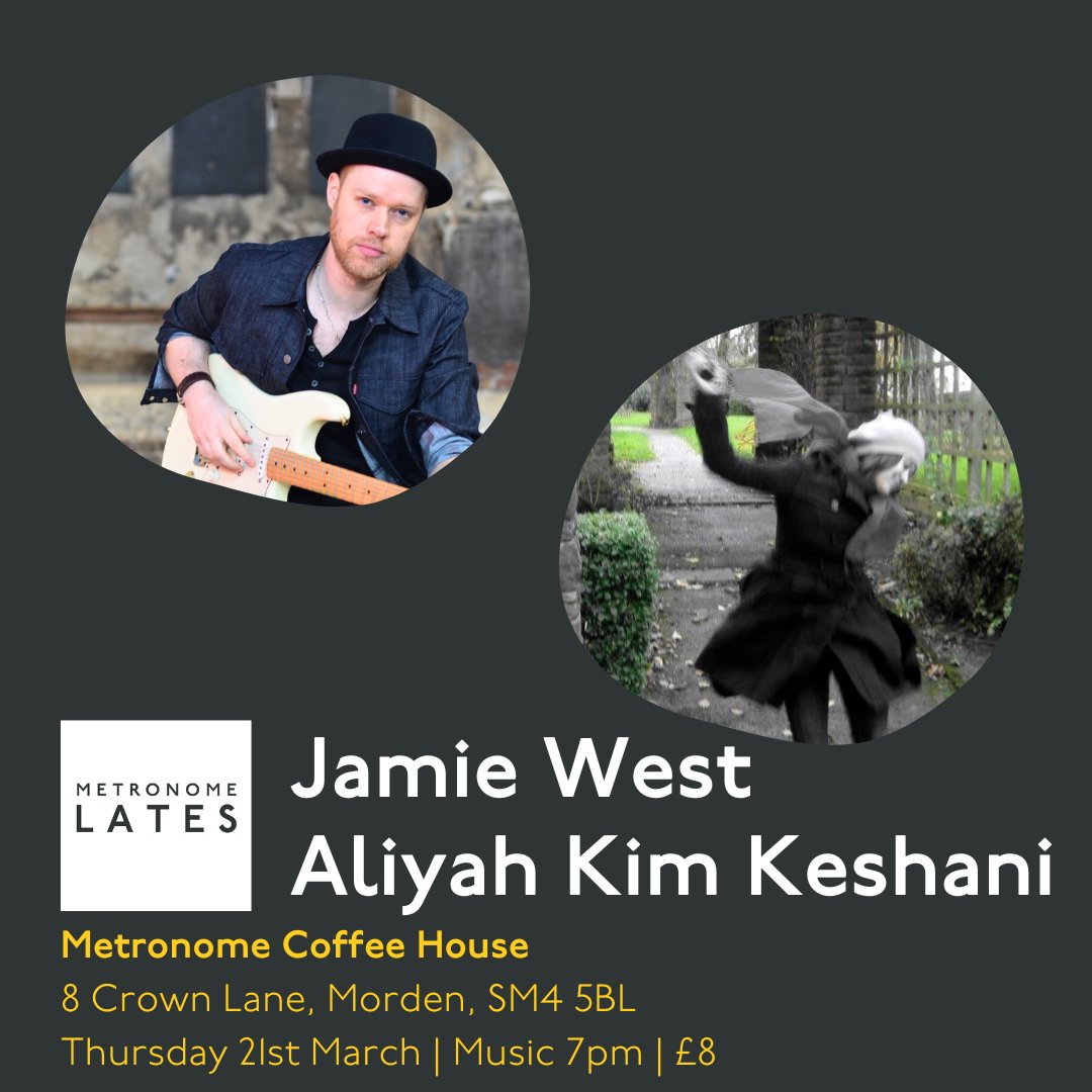 Jamiepwest's tweet photo. Delighted to announce a co-headlining show featuring myself and Aliyah Keshani in Morden, South London - just a minute's walk from the tube station. We'd love to see you there! #metronome Tickets here: https://t.co/DlfvHoAtbh https://t.co/fNwhvA8I9I
