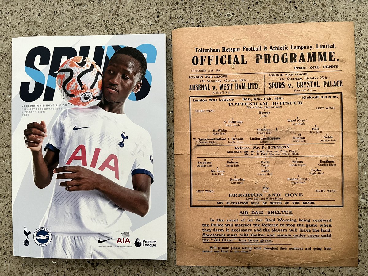 Late posting but here is the programme from Tottenham v Brighton from yesterday together with the programme dated 11 October 1941 during WWII, the first time we played Brighton at WHL. #TOTBHA #COYS