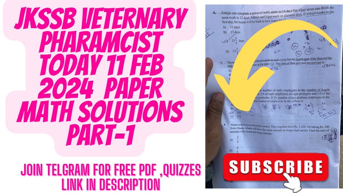 JKSSB VETERNARY PHARAMCIST TODAY 11 FEB 2024  PAPER  MATH SOLUTIONS PART-1

youtu.be/gS2otWv7Lkg

#like #share #subscribe