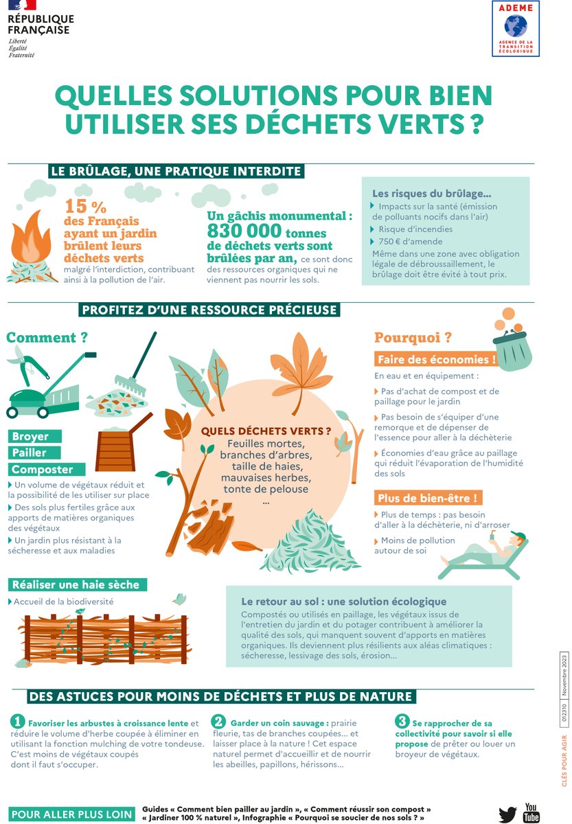 TRINOVAL80's tweet image. [#utiliser – #végétaux]
🤔 Comment bien utiliser ses déchets verts ?
Pour le savoir, regardons l&apos;infographie de l&apos;@ademe ⬇️

#pailler #composter #mulcher #végétaux #nourriture #sols