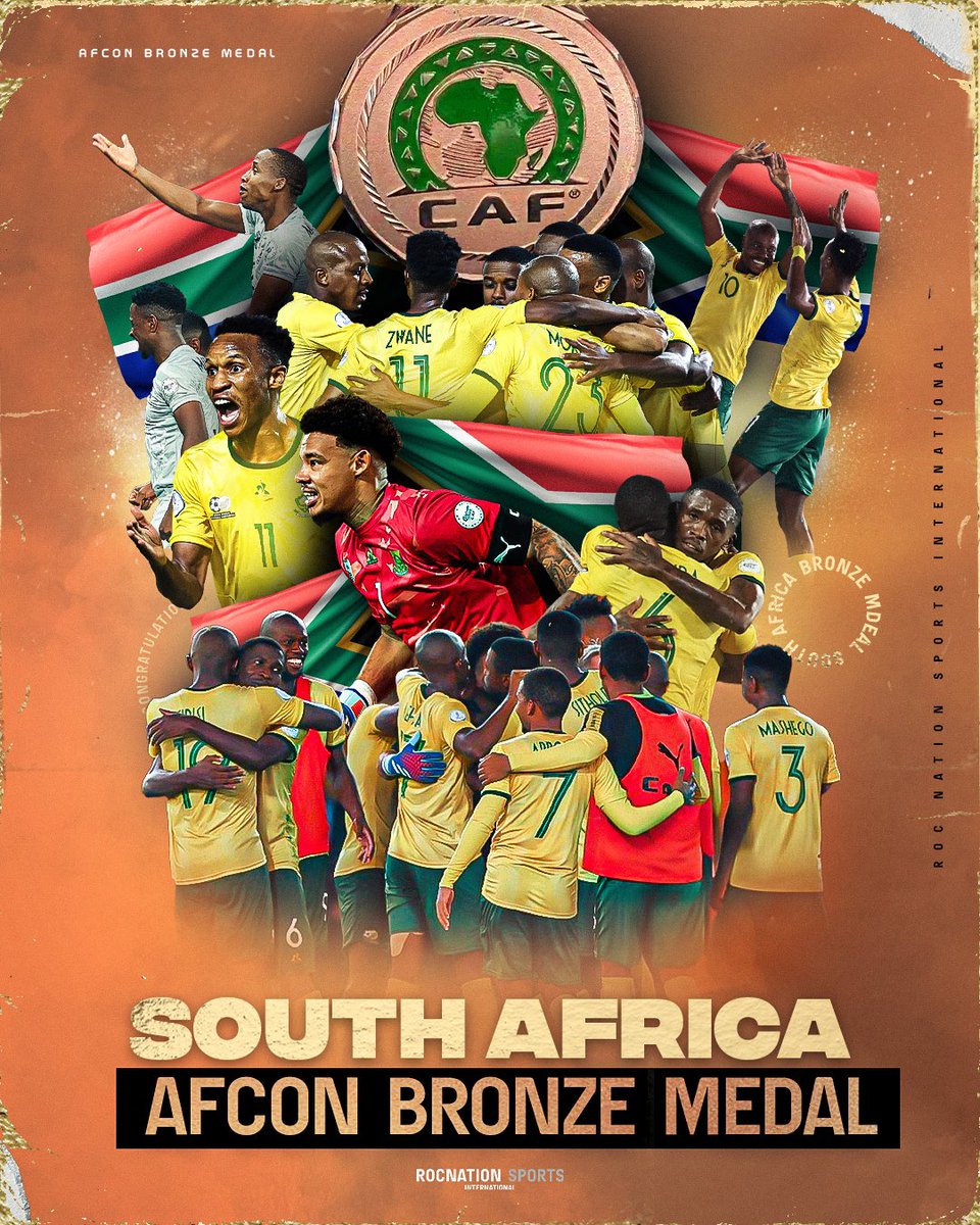 RocNationSI's tweet photo. An incredible tournament ends with a bronze medal 🇿🇦🥉

Congratulations Bafana Bafana on your third place finish at AFCON and for making South Africa proud 👏 

#TotalEnergiesAFCON2023 https://t.co/12qD16mMG0