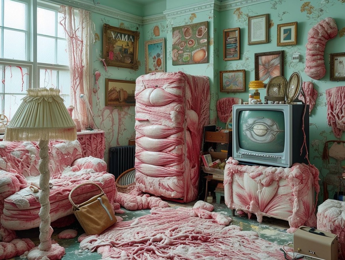 WallPixOrg's tweet photo. "Anatomical Abode: Surrealism Meets Domesticity"

#WallPixOrg #SurrealDomestic #HouseholdAnatomy #GlowingBrainFridge #GhostlyVisage #InternalOrgans #MuscleAndTissue #VisceralEnvironment #EyeballTV #OrganBurst #VintageFurnishings #HumanSkeleton #VintageKitchen #PlantsAndSkulls https://t.co/4SSp88ZknH