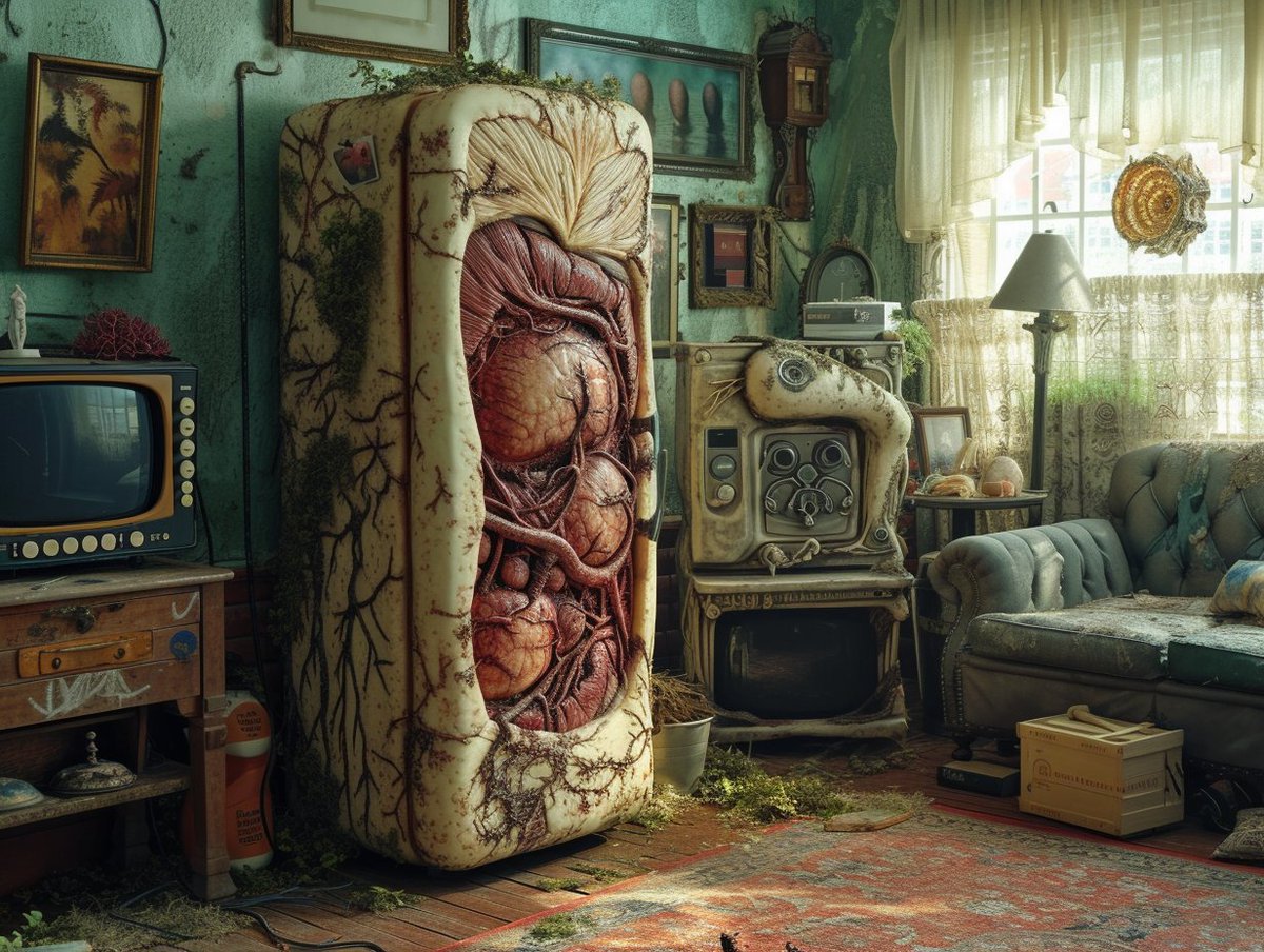 WallPixOrg's tweet photo. "Anatomical Abode: Surrealism Meets Domesticity"

#WallPixOrg #SurrealDomestic #HouseholdAnatomy #GlowingBrainFridge #GhostlyVisage #InternalOrgans #MuscleAndTissue #VisceralEnvironment #EyeballTV #OrganBurst #VintageFurnishings #HumanSkeleton #VintageKitchen #PlantsAndSkulls https://t.co/4SSp88ZknH