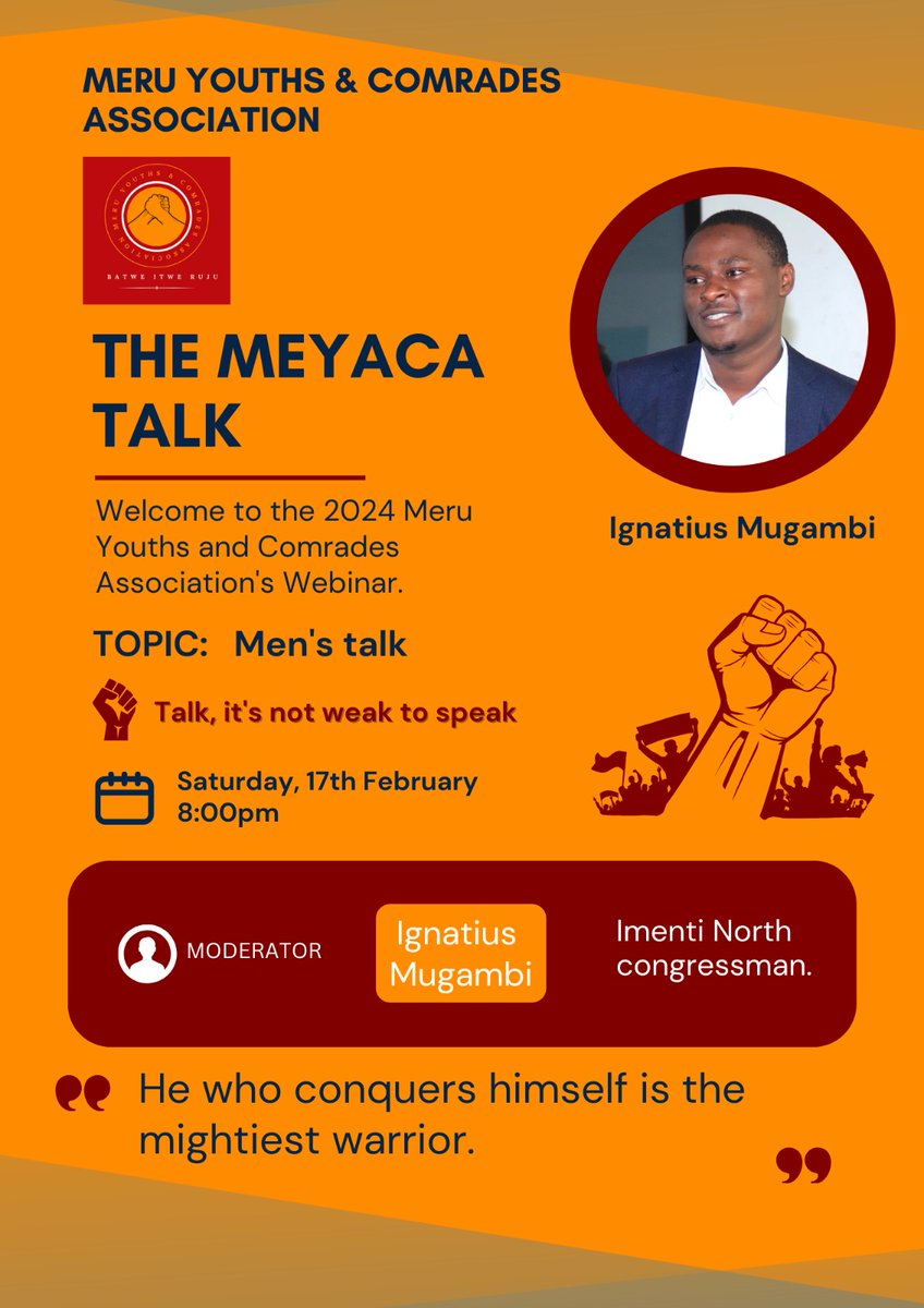 meyaca_23's tweet photo. This being the Men's conference week. MEYACA we will be having a Men's talk on Saturday the 17th of February 2024 from 8pm. Every man is welcome, talk is not a sign of weakness.Join us through https://t.co/OI9aCoWWpJ and let's make the bass heard. #themeyacatalk #ElectionResults https://t.co/Rv4u6Hm4JD