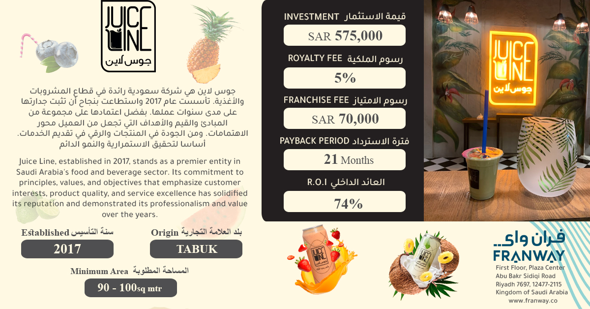 Franway_co's tweet photo. جوس لاين هي شركة سعودية رائدة في قطاع المشروبات والأغذية. تأسست عام 2017 واستطاعت بنجاح أن تثبت جدارتها على مدى سنوات عملها 

Fore more information:
https://t.co/uiLSFL7xpF 

#FranchiseOpportunity
#فرصة_امتياز https://t.co/zeUWvP8Nqk