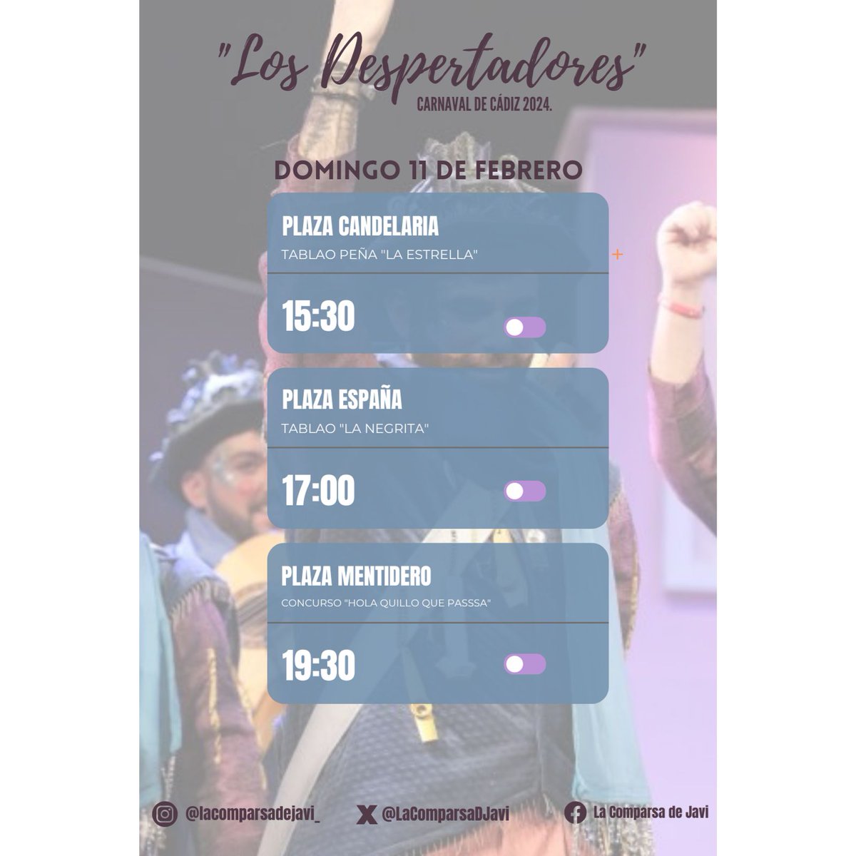 Si la lluvia nos lo permite este será nuestro itinerario por los tablaos' en este primer domingo de carnaval, todo esto con sus ratitos por las esquinas gaditanas, obviamente también.
Aún así iremos modificando según la meteorología vaya marcando.
🧡⏰️💜
#CarnavalCádiz
#2024