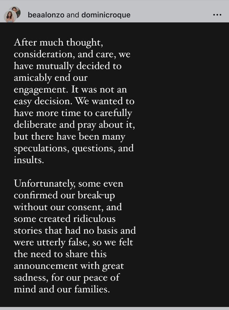 mjfelipe's tweet photo. THIS JUST IN: Bea Alonzo and Dominic Roque released a joint statement confirming that they have ended their engagement. https://t.co/E7xp8D6oFb
