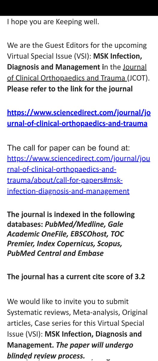 journal_trauma's tweet photo. Papers invited for upcoming Virtual Special Issue (VSI): MSK Infection, Diagnosis and Management in the Journal of Clinical Orthopaedics and Trauma (JCOT).
https://t.co/16RrxcVEmB
The call for paper can be found at: https://t.co/zjCXQZEk9g
#jcot #mskinfection #infecion https://t.co/TaSh351tLx