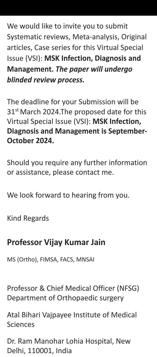 journal_trauma's tweet photo. Papers invited for upcoming Virtual Special Issue (VSI): MSK Infection, Diagnosis and Management in the Journal of Clinical Orthopaedics and Trauma (JCOT).
https://t.co/16RrxcVEmB
The call for paper can be found at: https://t.co/zjCXQZEk9g
#jcot #mskinfection #infecion https://t.co/TaSh351tLx