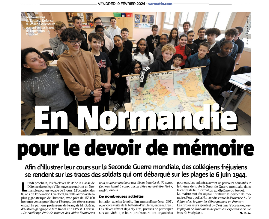 Merci à @Var_Matin pour cet article. 

Lundi, les 26 élèves de la 3e #Défense du collège partiront vers la Normandie pour un voyage mémoriel de plusieurs jours sur les lieux emblématiques du Débarquement.

#DevoirdeMémoire #CDSG