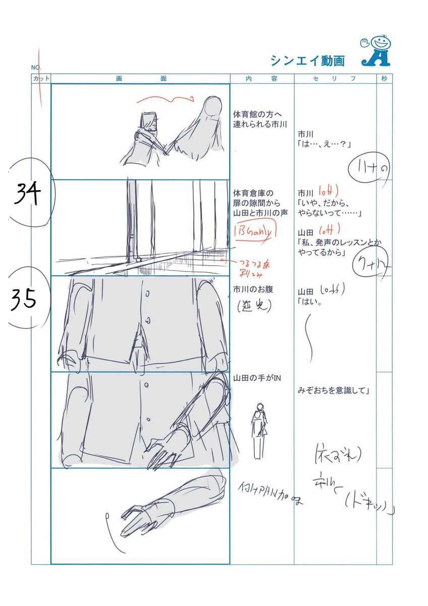 #僕ヤバ 2期6話のコンテ抜粋②
c33の山田が一回OUTしてもう一回INしてくるような立体的な芝居付けが好きで、よくこういうコンテを切ってしまいます。
みぞおちのくだりは18話もやってるのにまだ初々しいやり取りをしててフフってなってしまいました。
(明日に続く)