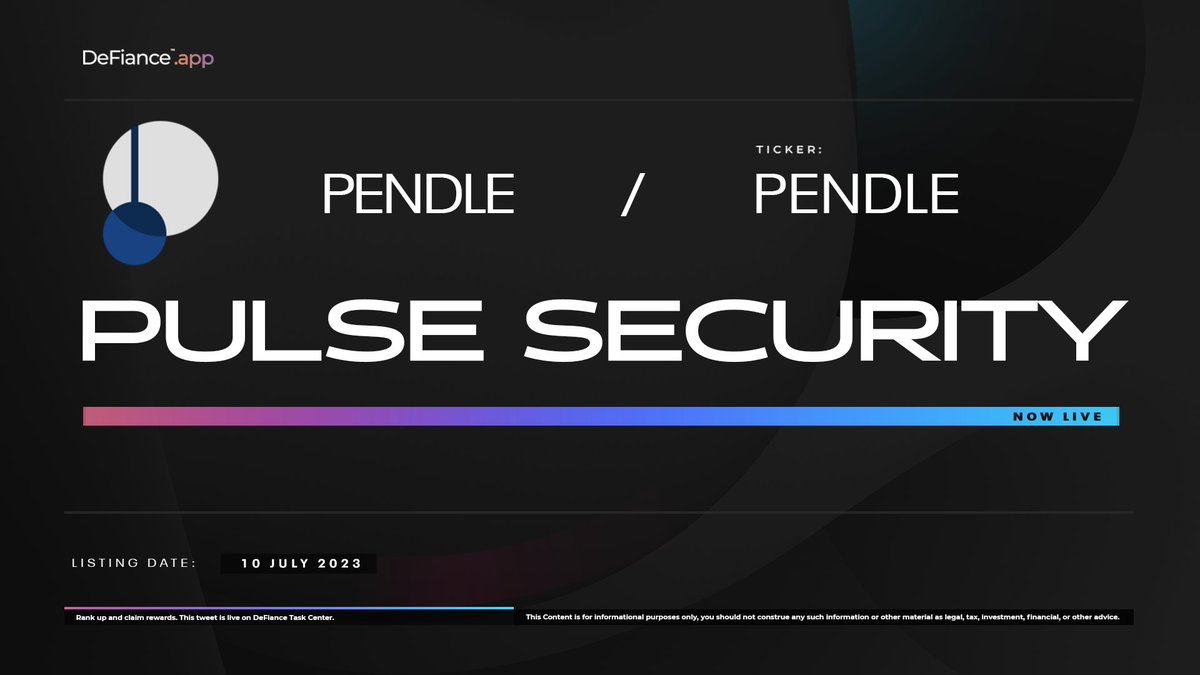 DeFiance_App's tweet image. .@pendle_fi Pulse Security is now live on DeFiance.app/Pulse/Pendle. 

#Pulse collects carefully analyzed data from protocols, our partners and Divine DeFiants to assess the strengths and weaknesses of a protocol. 

Review-to-Earn: users.DeFiance.app. 
$PENDLE #DeFianceApp