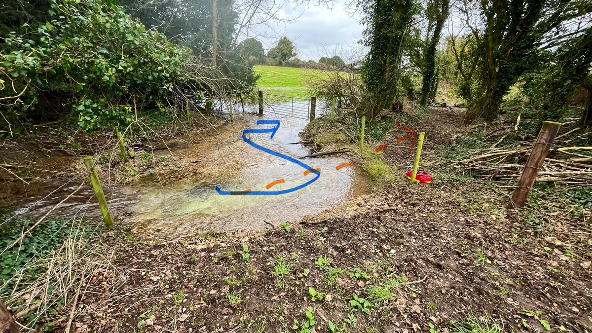 The surprising energy of ephemeral winterbourne (winter flowing) #ChalkStream A small blockage (red) on this ford caused scour, throwing up gravel (green), diverting the stream out of its artificially bunded/perched channel (orange) and back into its natural floodplain course.