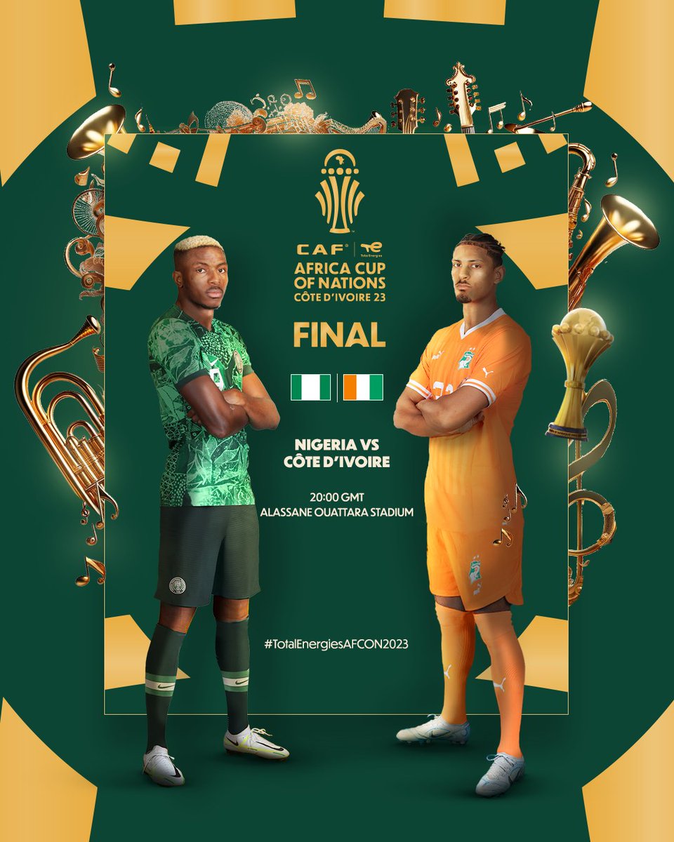 Who wins the most prestigious Trophy in the African Football? 

🇳🇬 Nigeria 🆚 Côte d’Ivoire 🇨🇮 
🏟 Stade Olympique Alassane Ouattara
🏆 #TotalEnergiesAFCON2023Final    
🕗 21:00 WAT

#NGRCIV