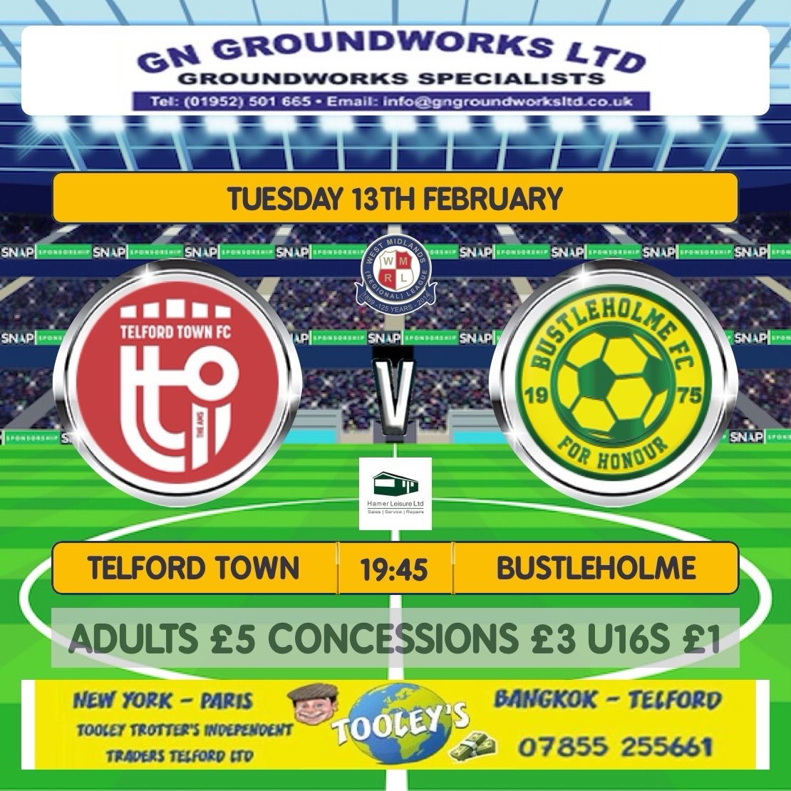 TelfordTownFC's tweet photo. β½οΈ **Telford Town FC vs. Bustleholme** π
π₯ **Tuesday Night Lights at Hamer Leisure Stadium!** Kickoff 7:45 PM - gates open at 6. Be there early for live Sky Sports in the clubhouse.
Head to our website for the match preview.
#TelfordTownFC #TheAMS #SupportLocal https://t.co/7RuaQNoaJZ