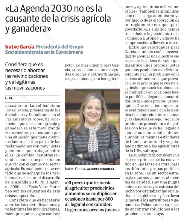 Socialistas_PE's tweet photo. 🔴Es necesario abordar las reivindicaciones del sector agrícola y ganadero. Sus movilizaciones son legitimas, siempre que se hagan con respeto.

Pero ni la Agenda 2030 ni el Pacto Verde Europeo son los causantes de esta crisis.

🗣️@IratxeGarper 
🗞️@nortecastilla https://t.co/Ni2eOxHuNk