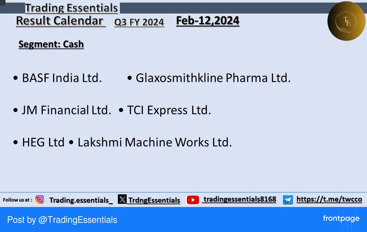 Result Calendar- 
Cash Segment,  Feb-12-2024
#finance #money #trading #investing #Resultcalendar #investment #stock #stockmarket #nse #nseindia #bse #bseindia #indiastockmarket #stocks #Sharemarket #education #wealth #wealthmanageme... #frontpage_app