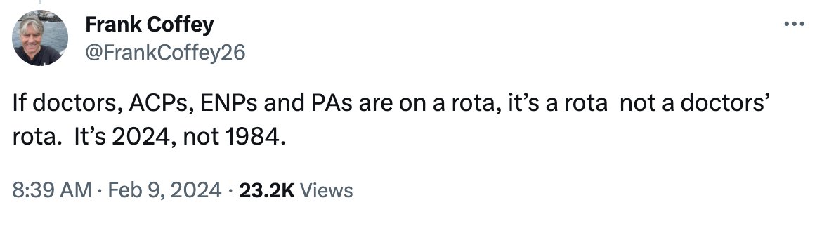 altregoncall's tweet photo. wait I thought @FrankCoffey26, the Head of Service of the Emergency Department at NUH, said they had loads of non-doctors on the rota.

why do they need more 'doctors' on the A&amp;E rota for when the shit hits the fan? https://t.co/mbrUeqzKSb