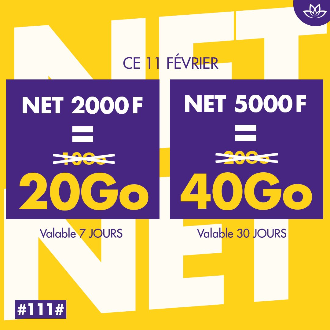 expressosenegal's tweet photo. Ce dimanche 11 février, jour de promo !

Ak Net 2000F ya ngi am 20Go au lieu de 10Go, valable 7 jours.
Bo activé Net 5000F bi ya ngi jot 40Go au lieu de 20Go valable 30 jours. 

Tapel legui #111#

#promo #net2000
#net5000 #expressosenegal 
#weloveexpresso https://t.co/Pe9QsHUTVJ