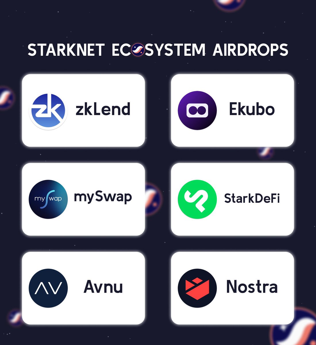 如果Stark真的对标Solana，那么 $STRK 完成代币空投🪂之后，我会将重心放在Stark生态的这几个项目。
1️⃣AVNU <a href="/avnu_fi/">avnu</a> 
2️⃣myswap <a href="/mySwapxyz/">mySwap - Starknet AMM</a> 
3️⃣Ekubo <a href="/EkuboProtocol/">Ekubo</a> 
4️⃣Nostra <a href="/nostrafinance/">Nostra</a> 
5️⃣zklend <a href="/zkLend/">zkLend</a> 
6️⃣StarkDeFi <a href="/StarkDefi/">StarkDeFi</a> 

这一切，都取决于，Stark给我们一场“正常的”空投🪂。