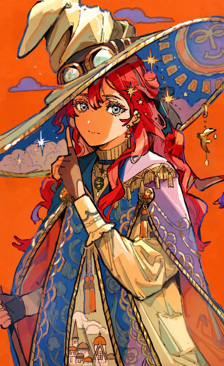 1girl hat solo witch hat red hair long hair gloves  illustration images