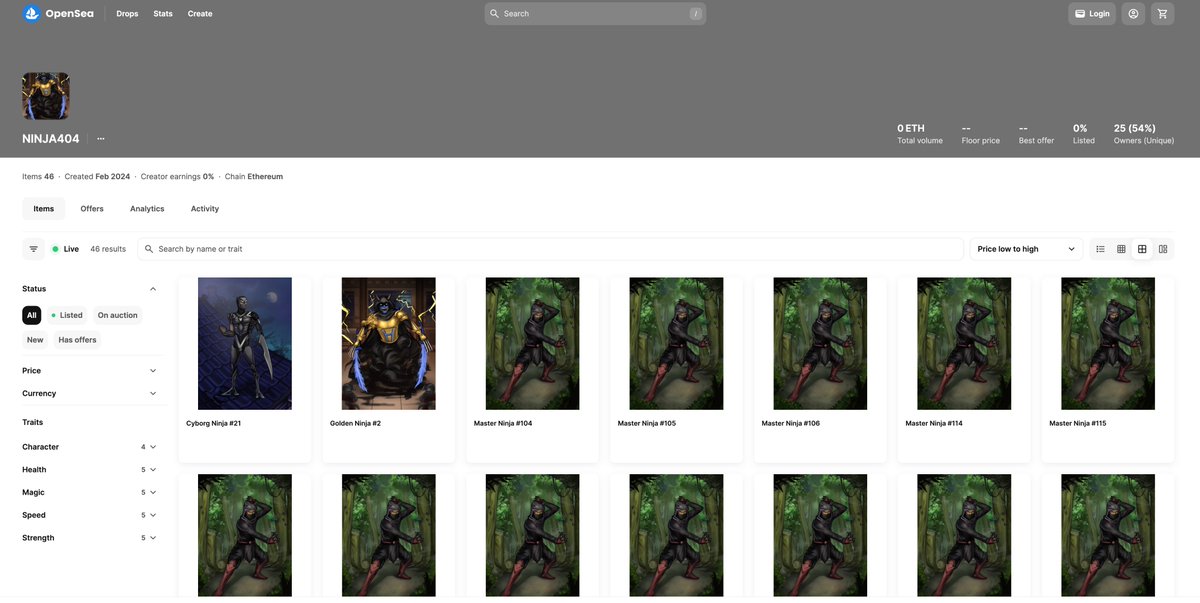 Ninja404 Page on Opensea is now updated.

You can see rarity of Ninjas and Traits which will be used in game engine.

Link: opensea.io/collection/nin…

#ERC404NFT #ERC404 <a href="/VitalikButerin/">vitalik.eth</a> <a href="/Pandora_ERC404/">Pandora</a>  #opensea