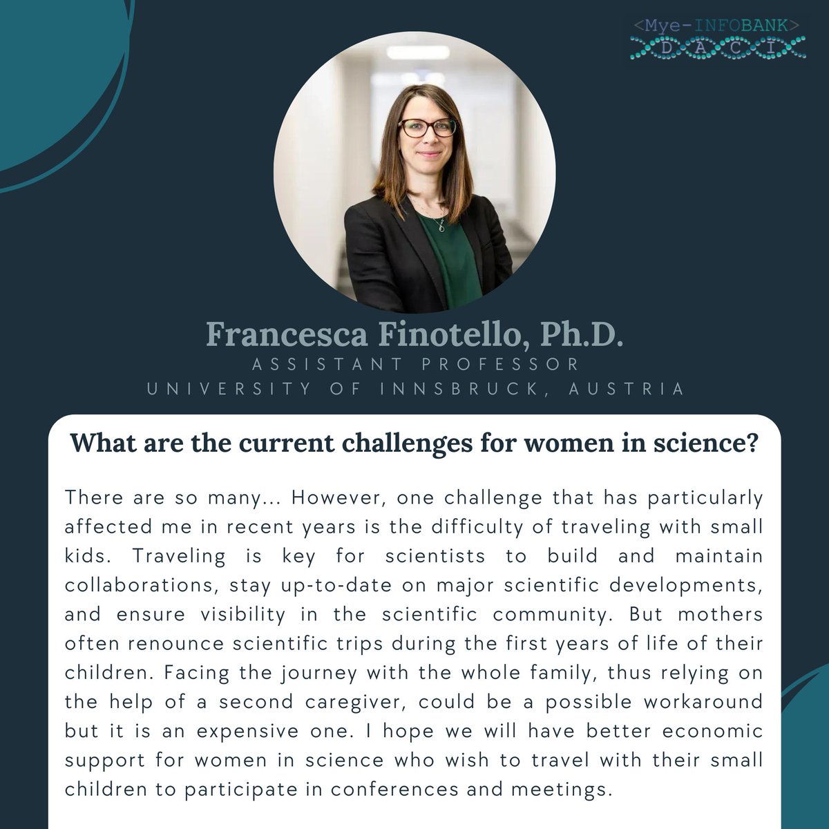 MyeInfoBank's tweet photo. 🎉Happy #InternationalDayofWomenandGirlsinScience!🎉Join us in celebrating by hearing from accomplished women in science, like our WG1 co-leader Assistant Prof. @Francesca_Fin_ from @uniinnsbruck.✨Check out her great responses to key questions below!👇#WomenInSTEM @COSTprogramme https://t.co/Y1qeAI1d4w