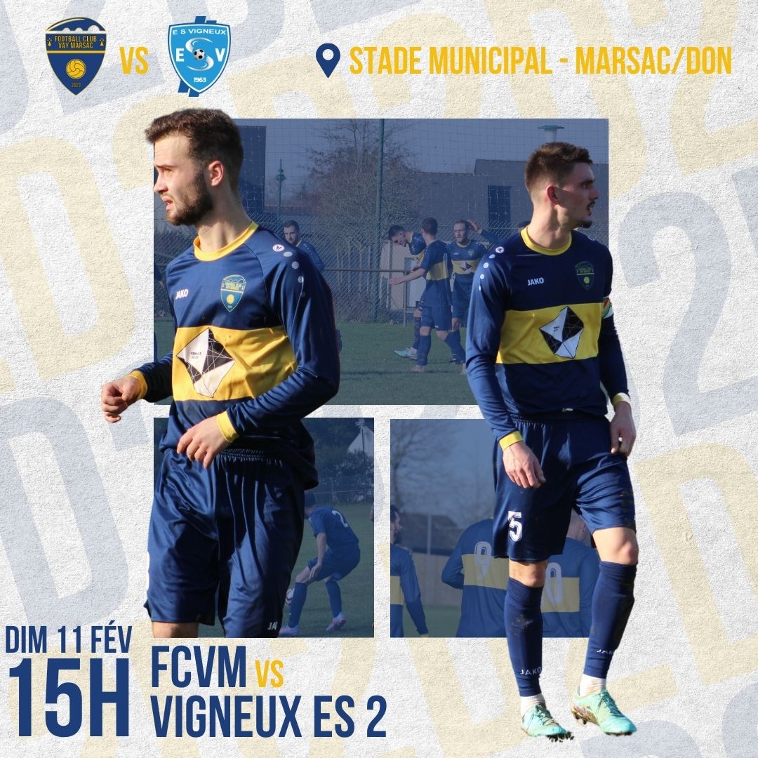 FCVayMarsac's tweet photo. ⚽ D2 ⚽

Nos jaunes et bleus affrontent l'équipe 2 de l'ES Vigneux cet après-midi à domicile. On vous attend nombreux pour venir les encourager !

🗓 Dimanche 11 Janvier 2024 à 15h00
🏟 Stade Municipal - Marsac sur Don https://t.co/QDOwCRnfdV