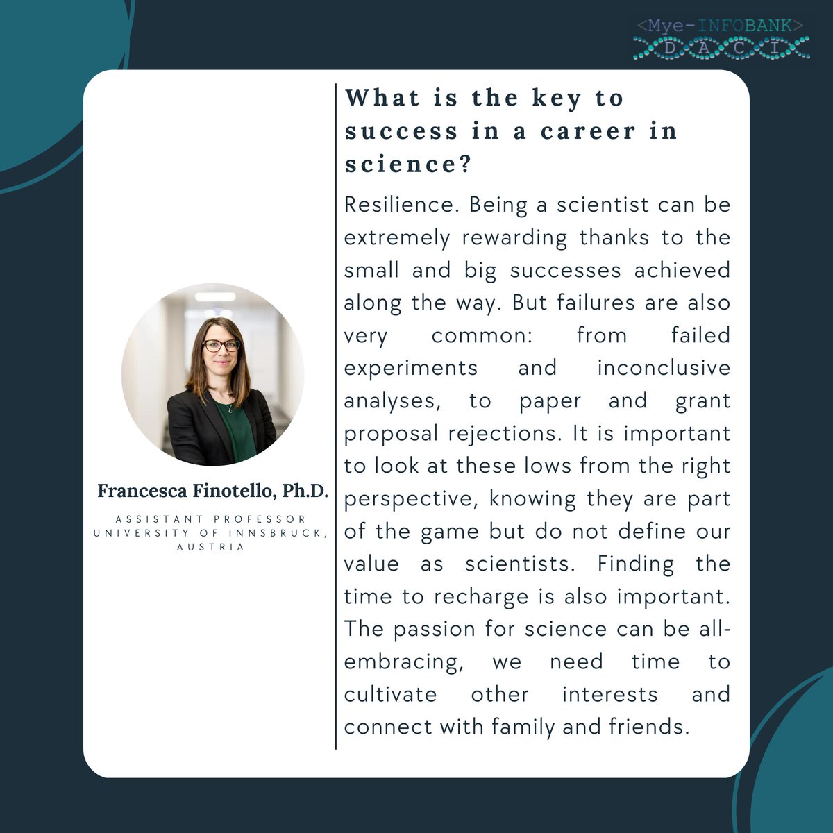 MyeInfoBank's tweet photo. 🎉Happy #InternationalDayofWomenandGirlsinScience!🎉Join us in celebrating by hearing from accomplished women in science, like our WG1 co-leader Assistant Prof. @Francesca_Fin_ from @uniinnsbruck.✨Check out her great responses to key questions below!👇#WomenInSTEM @COSTprogramme https://t.co/Y1qeAI1d4w