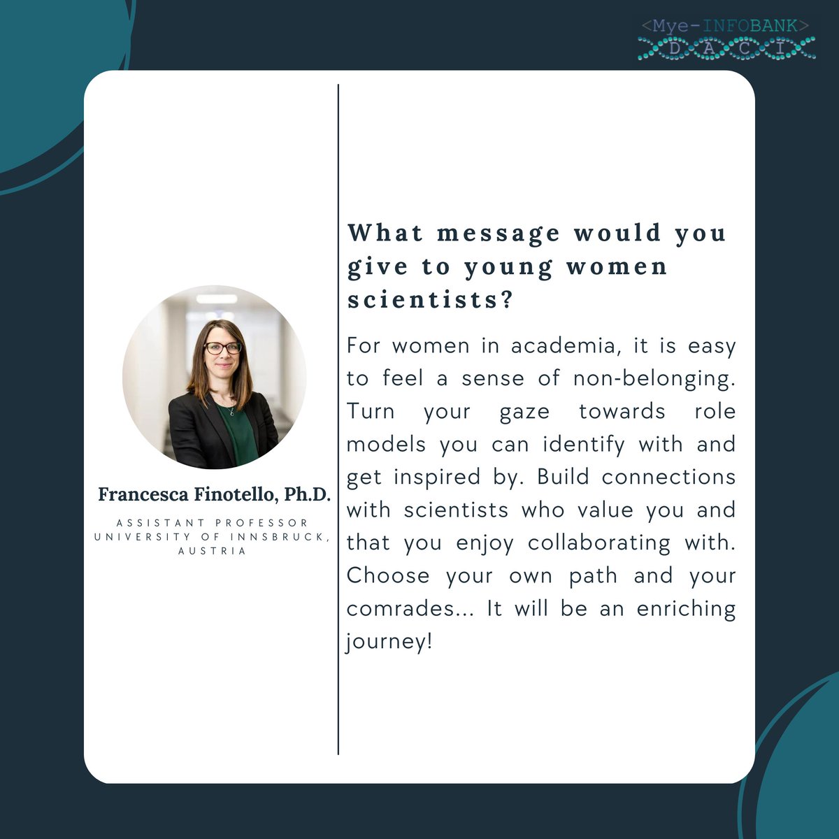 MyeInfoBank's tweet photo. 🎉Happy #InternationalDayofWomenandGirlsinScience!🎉Join us in celebrating by hearing from accomplished women in science, like our WG1 co-leader Assistant Prof. @Francesca_Fin_ from @uniinnsbruck.✨Check out her great responses to key questions below!👇#WomenInSTEM @COSTprogramme https://t.co/Y1qeAI1d4w