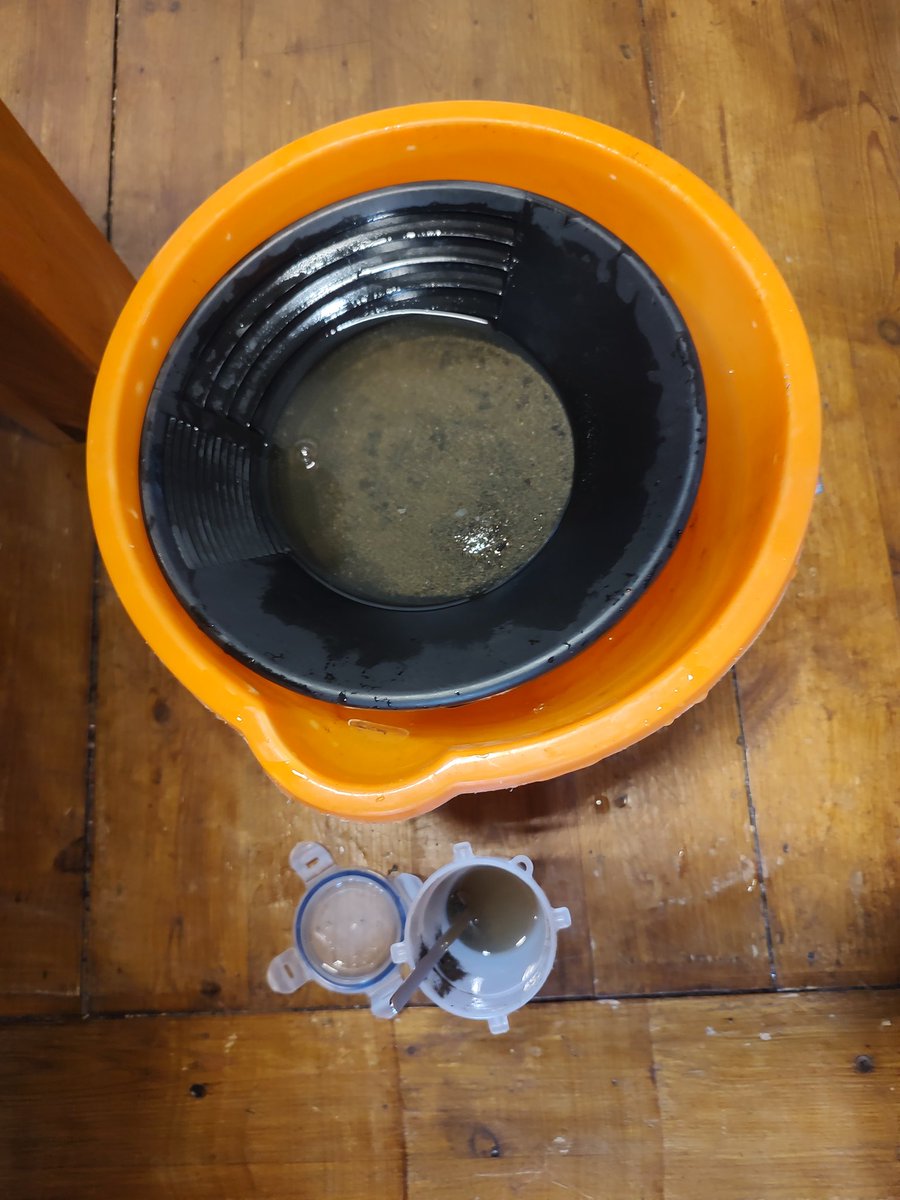 SedberghGold's tweet photo. Doing a bit of indoor panning today, got a snap lock pot of concentrates where we'd removed the big easily visible flakes of gold in the pan, but there were flecks of gold still in so we kept swilling the pan into the pot before doing a fresh pan of gravels, not a bad little haul https://t.co/STMKHvfXoJ