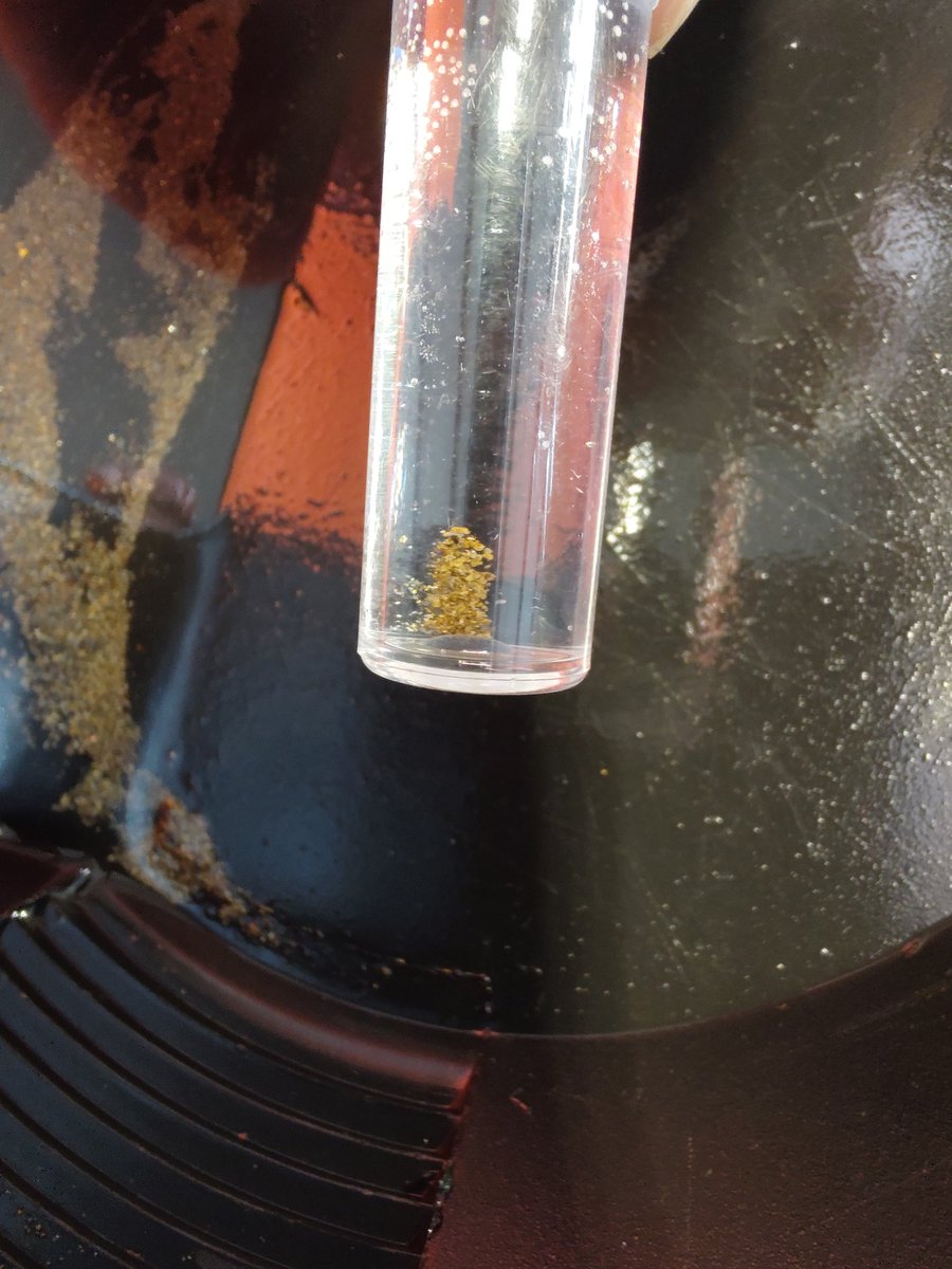 SedberghGold's tweet photo. Doing a bit of indoor panning today, got a snap lock pot of concentrates where we'd removed the big easily visible flakes of gold in the pan, but there were flecks of gold still in so we kept swilling the pan into the pot before doing a fresh pan of gravels, not a bad little haul https://t.co/STMKHvfXoJ