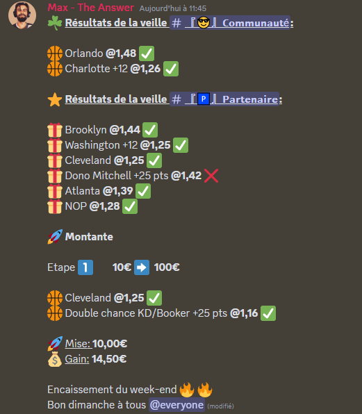 TheAnswer_NBA's tweet photo. 🤑 Encaissement du week-end sur le discord ✅

Pour nous rejoindre: https://t.co/fdILcA5dlz

#TeamParieur #Pronos #NBA https://t.co/0TGqCsD3py